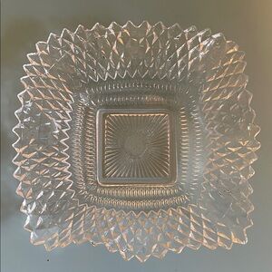 Indiana Glass Square Diamond Point & Hobnail Ruffled Pressed Glass Serving Bowl